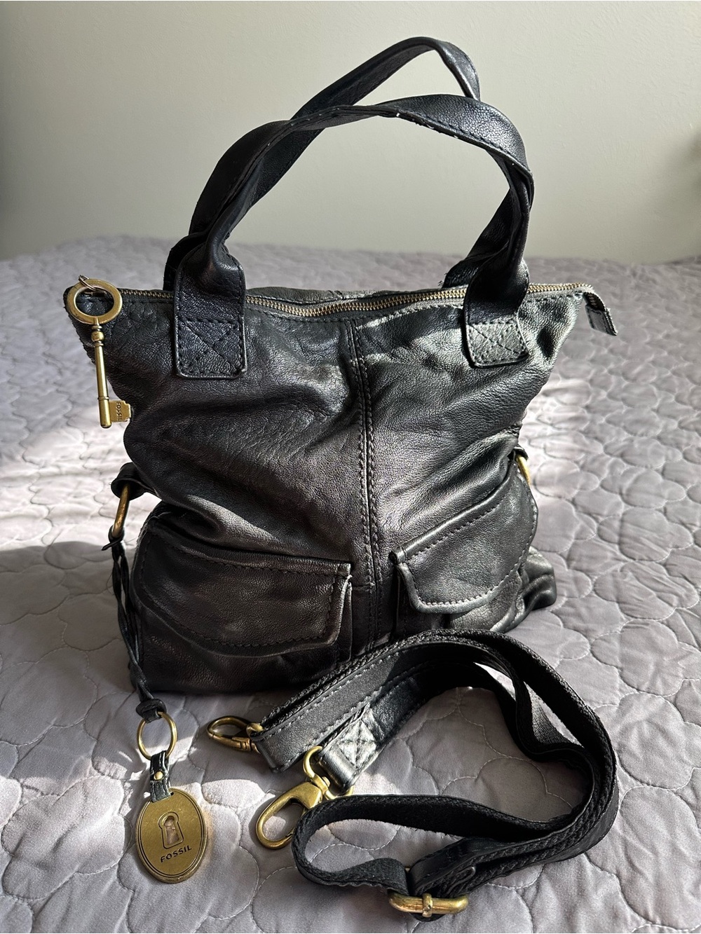 Fossil Black Leather Shoulder Crossbody Workbag Laptop Bag